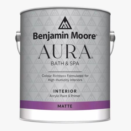  A gallon can of Benjamin Moore Aura Bath & Spa Paint on a white background.
