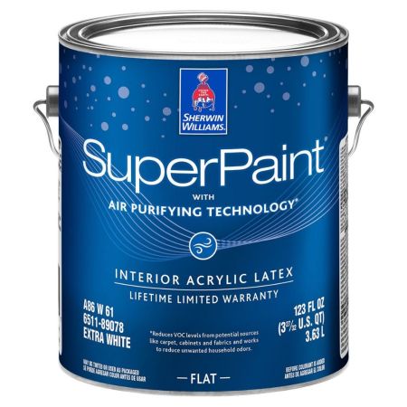  A gallon of Sherwin-Williams SuperPaint Interior Acrylic Paint on a white background.