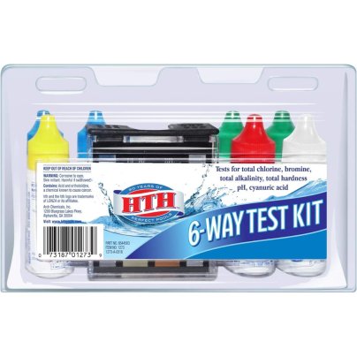 HTH Pool Care 6-Way Chemical Test Kit on a white background