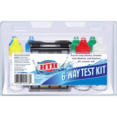 HTH Pool Care 6-Way Chemical Test Kit on a white background