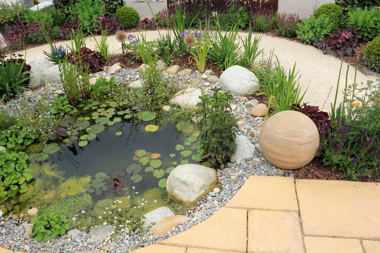 A rock garden surrounding a small garden pond.