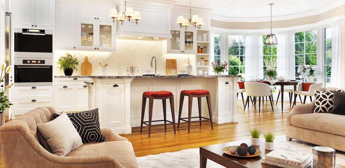 White kitchen with open floor plan.