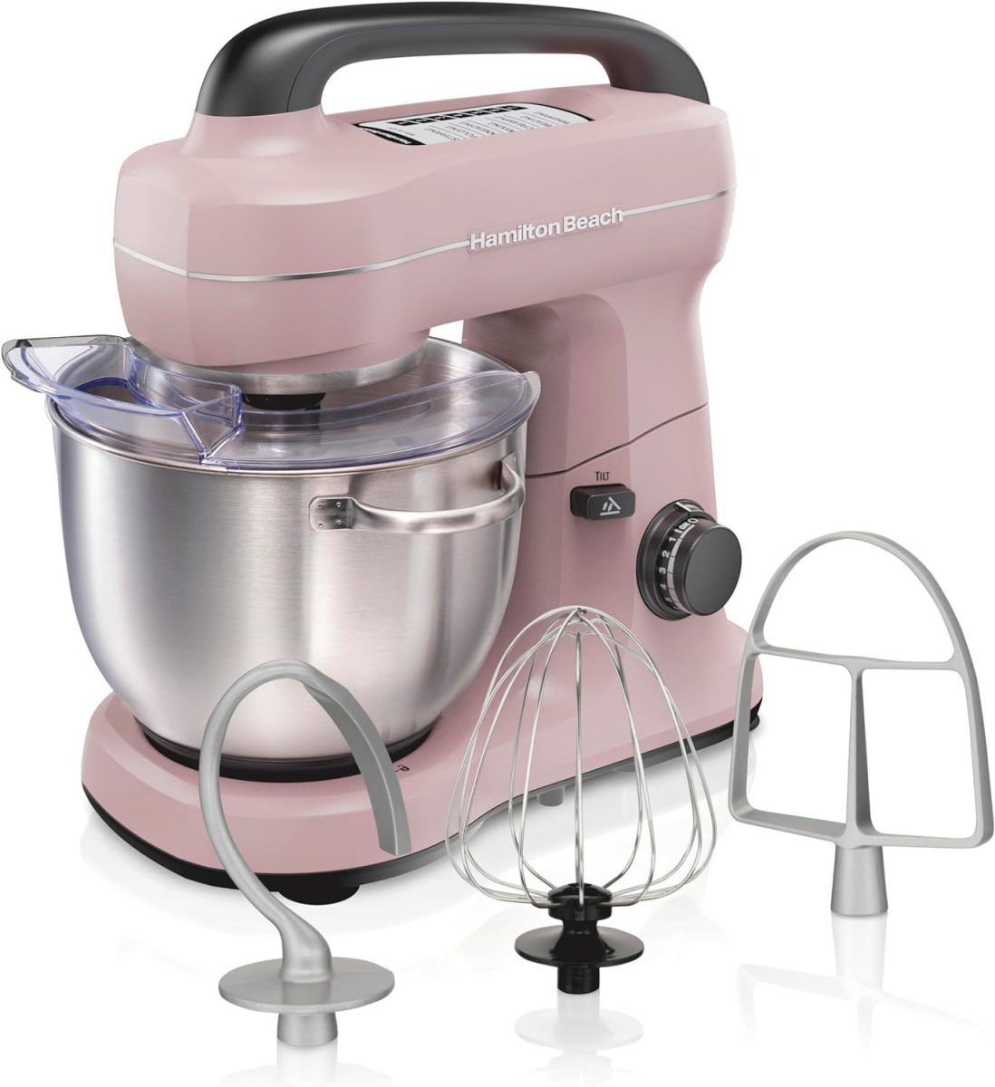 A pink Hamilton Beach stand mixer sits with its attachments against a white background.
