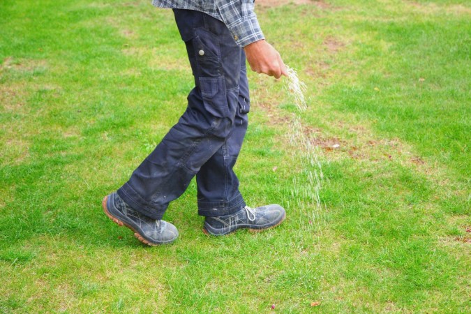 A close up of a person seeding a green lawn.