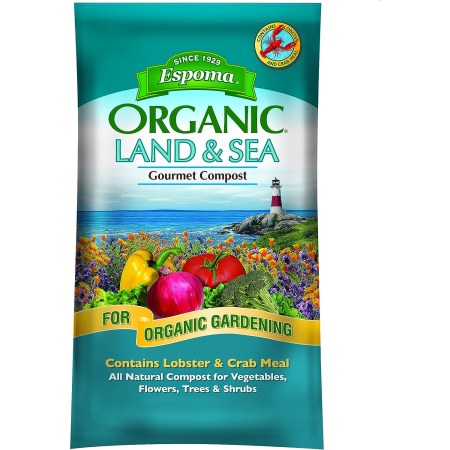  A bag of Espoma Organic Land & Sea Gourmet Compost on a white background.