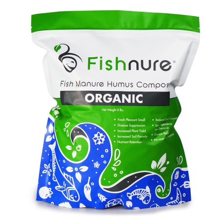  A bag of Fishnure Organic Fish Manure Humus Compost on a white background.