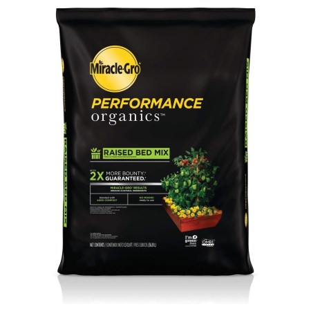  A bag of Miracle-Gro Performance Organics Raised Bed Mix on a white background.