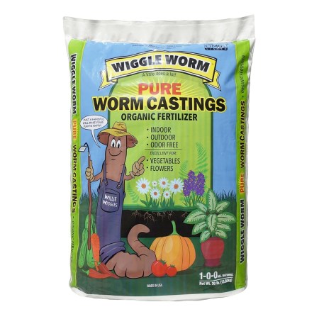  A bag of Unco Industries Wiggle Worm Soil Builder Worm Castings on a white background.