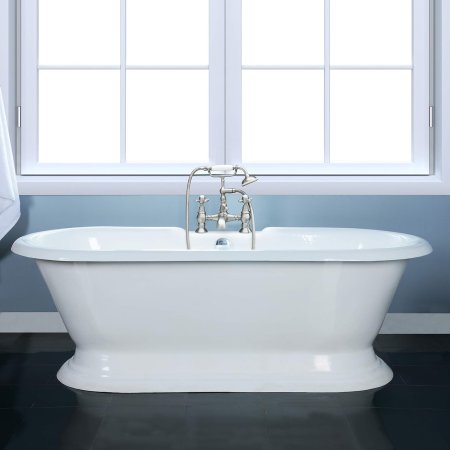  The Kingston Brass Aqua Eden Cast Iron Pedestal Tub in front of a window.