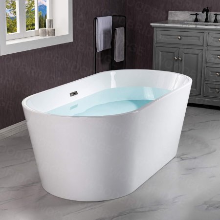  The Woodbridge Contemporary Soaking Bathtub filled with water in a gray-toned bathroom.