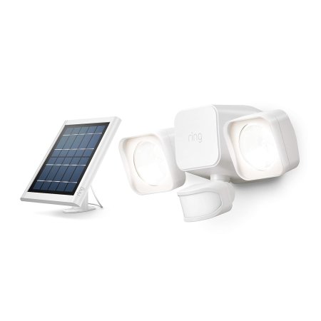  The Ring Solar Flood Light and its solar panel on a white background.