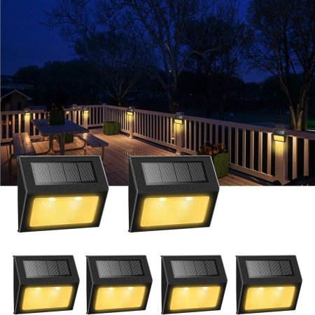  Six of the XLUX Solar Lights on a white background and more installed on a deck fence.