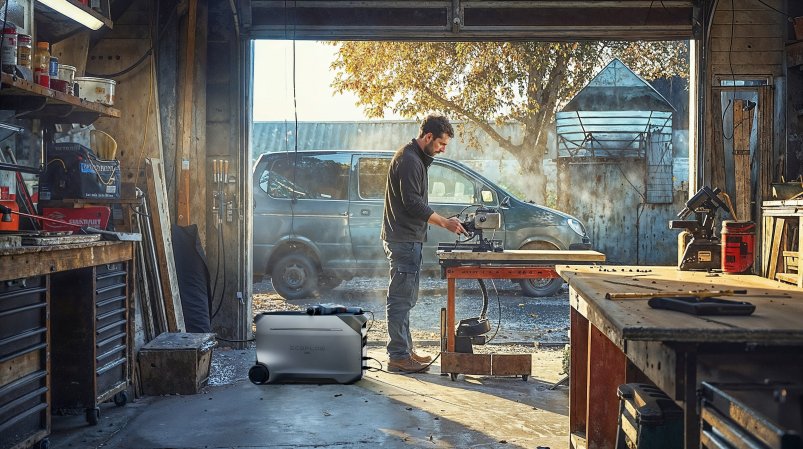 EcoFlow Delta Pro 3 powering a tool in a garage workshop