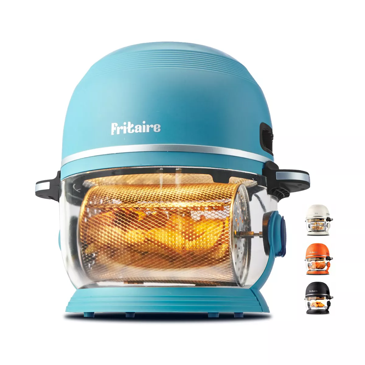 A blue Fritaire glass bowl air fryer sits on a white background next to other color options.