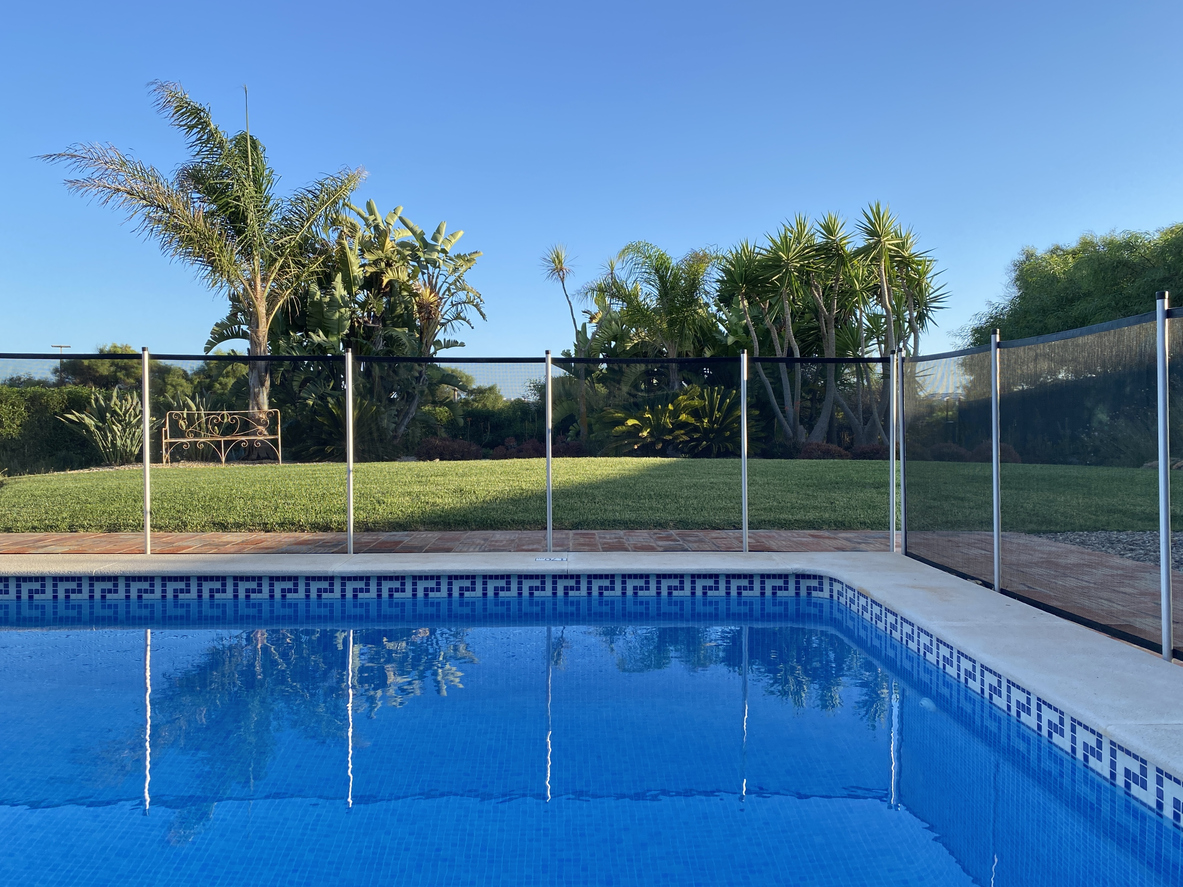 A photo of a blue pool against a lush and green background.