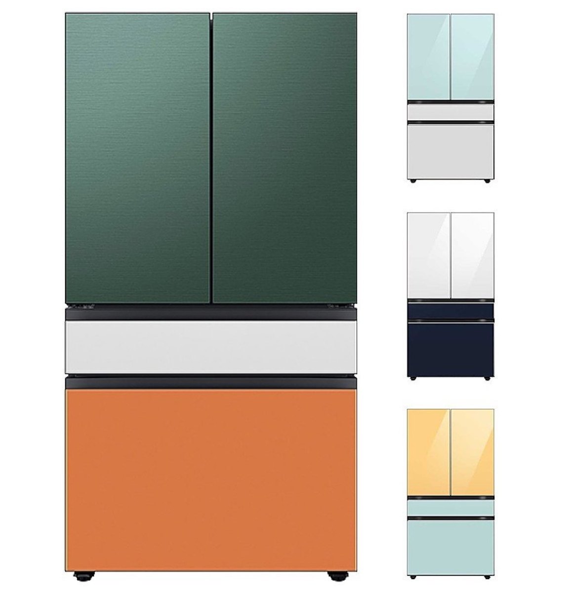 A multi-colored Samsung refrigerator sits next to color options.