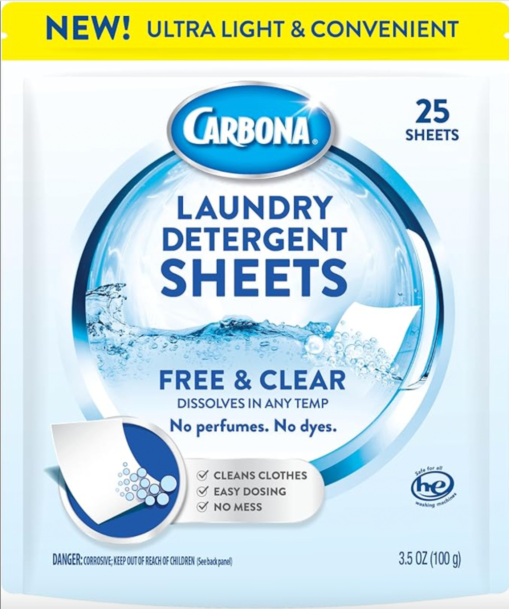 Package of carbona laundry sheets on white background