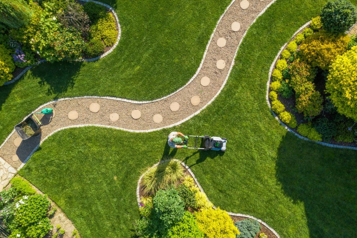 An aerial shot of a landscaped lawn.