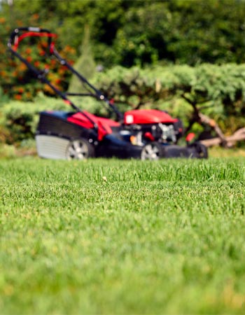 A view of a red lawn mower sitting on grass. 