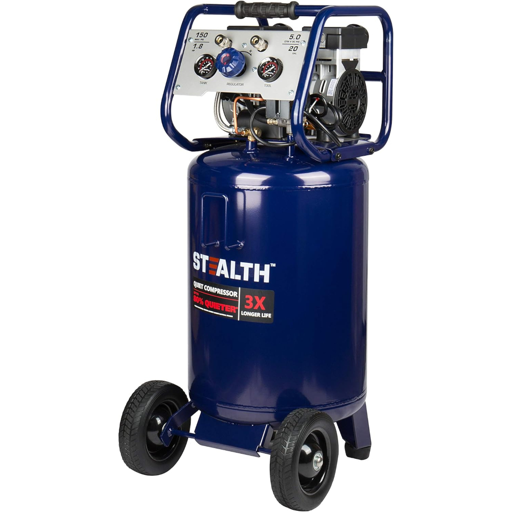 A Stealth 20-gallon air compressor with wheels on a white background.
