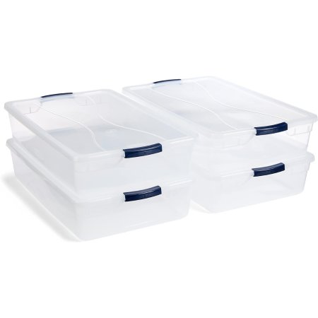  Four Rubbermaid Clever Store Stackable Storage Totes on a white background.