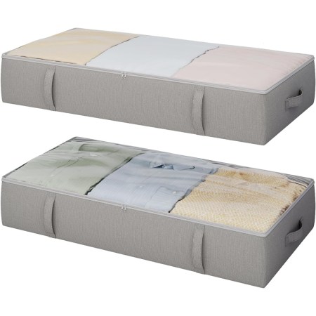  The TidyCorner 2-Pack Under Bed Storage Containers filled with clothes on a white background.