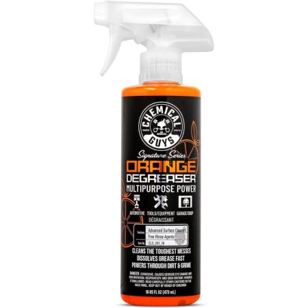  A spray bottle of Chemical Guys Signature Series Orange Degreaser on a white background.