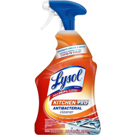  A spray bottle of Lysol Kitchen Pro Antibacterial Cleaner on a white background.