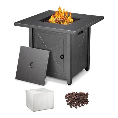 The R.W.Flame Propane Fire Pit Table With Glass Cover on a white background.