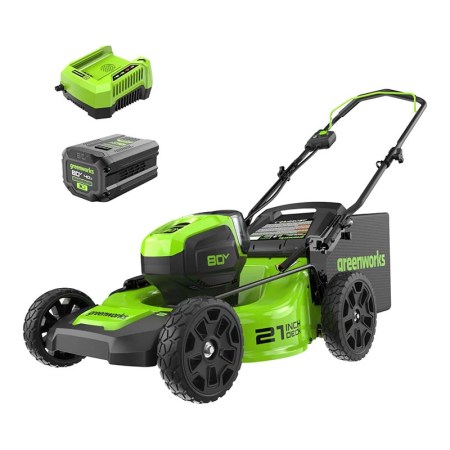  Greenworks Pro 80V 21 Brushless Push Lawn Mower next to battery and charger