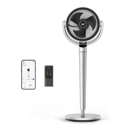  The Dreo PolyFan 704S Air Circulator Fan, remote, and app on a white background.