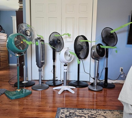 A group of the best pedestal fans in a home before testing.