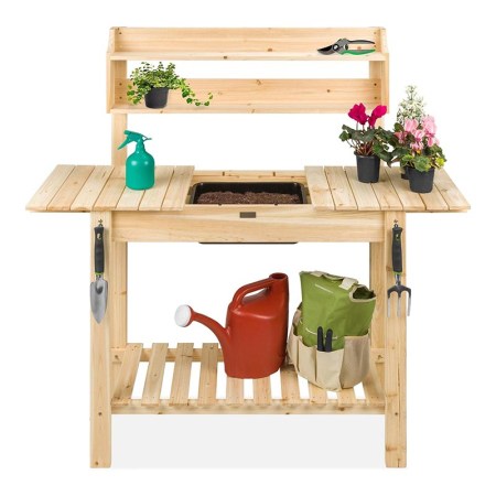  The Best Choice Products Wood Garden Potting Bench stocked with gardening supplies on a white background.