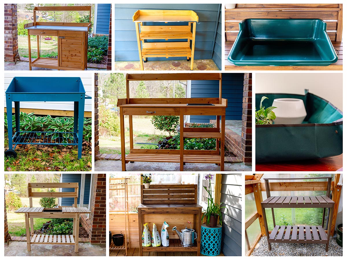 A collage of all the best potting benches tested in 2024.