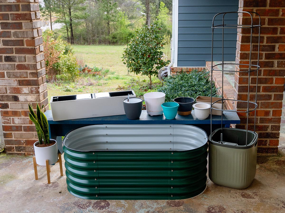 A group of the best self-watering planters outside before testing.