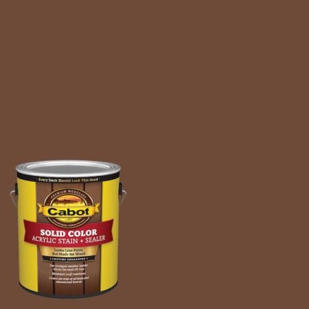  A can of Cabot Solid Color Acrylic Stain & Sealer on a brown background.