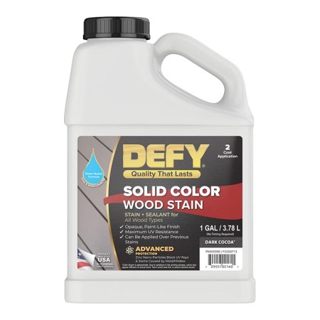  A jug of Defy Solid Color Wood Stain Sealer on a white background.