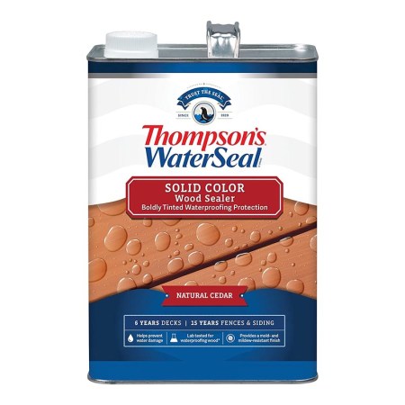  A can of Thompson’s WaterSeal Solid Color Wood Sealer on a white background.