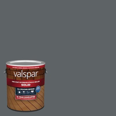 A can of Valspar One-Coat Solid Stain & Sealer on a grey background.