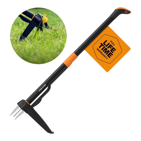 The Fiskars 4-Claw Stand-Up Weed Puller on a white background.