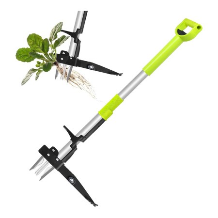  The Gardtech Original D-Shape Weeder Puller and a weed on a white background.