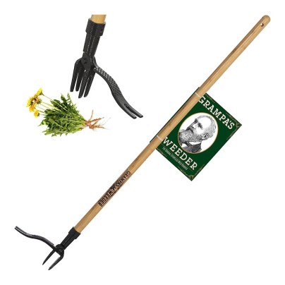 The Grampa’s Weeder The Original Stand-Up Weed Puller and a dandelion on a white background.