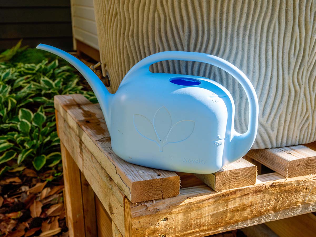 The Novelty Manufacturing Co. Watering Can outside next to a planter during testing.