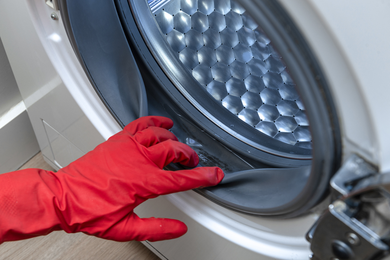 A gloved hand pulls back on the rubber gasket inside of a washing machine door to reveal black mold growth.