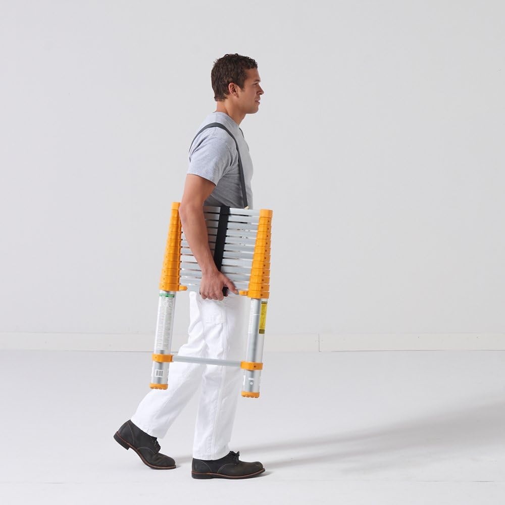 A person carrying a telescoping ladder in one hand.