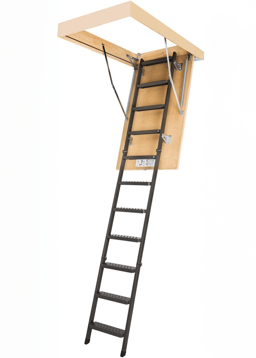 An attic ladder against a white background.