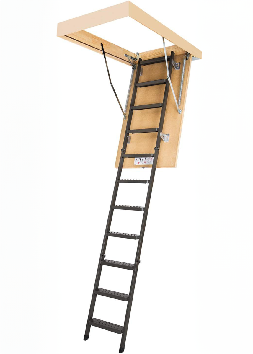 An attic ladder against a white background.