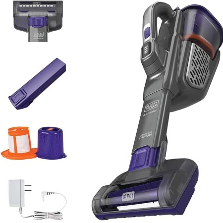  The Black+Decker Furbuster Cordless Pet Handheld Vacuum and its accessories on a white background.