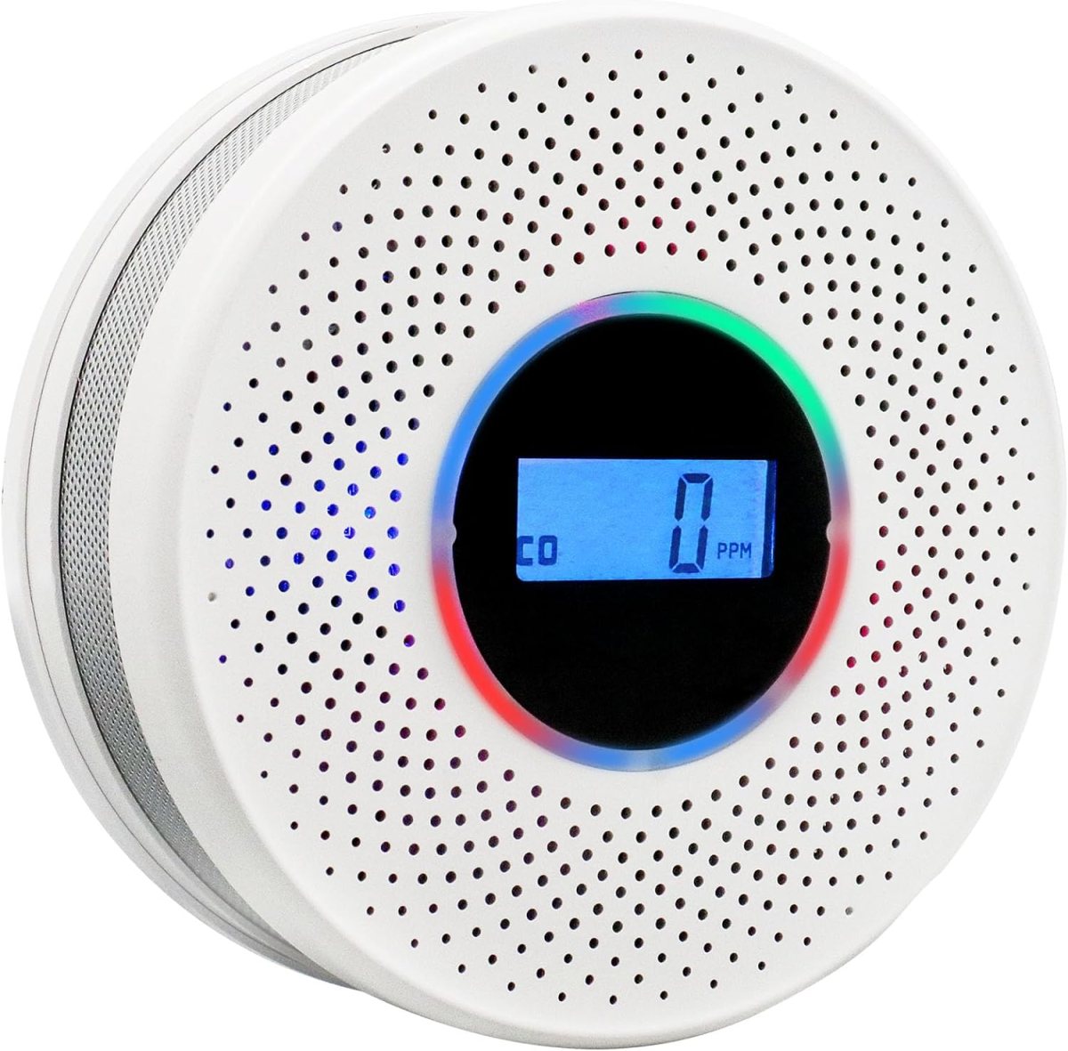 A round smoke detector with light up display sits against a white background.