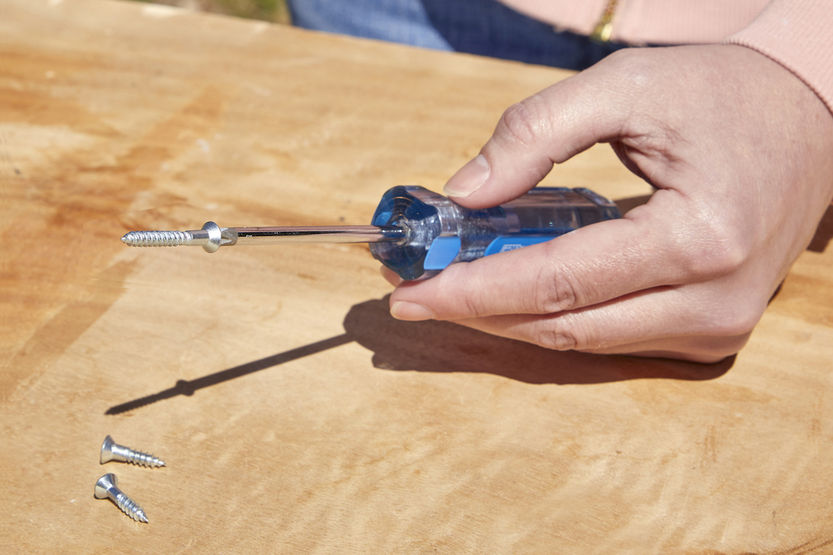 Woman holds a Philips head screwdriver that has a screw magnetized to its tip.